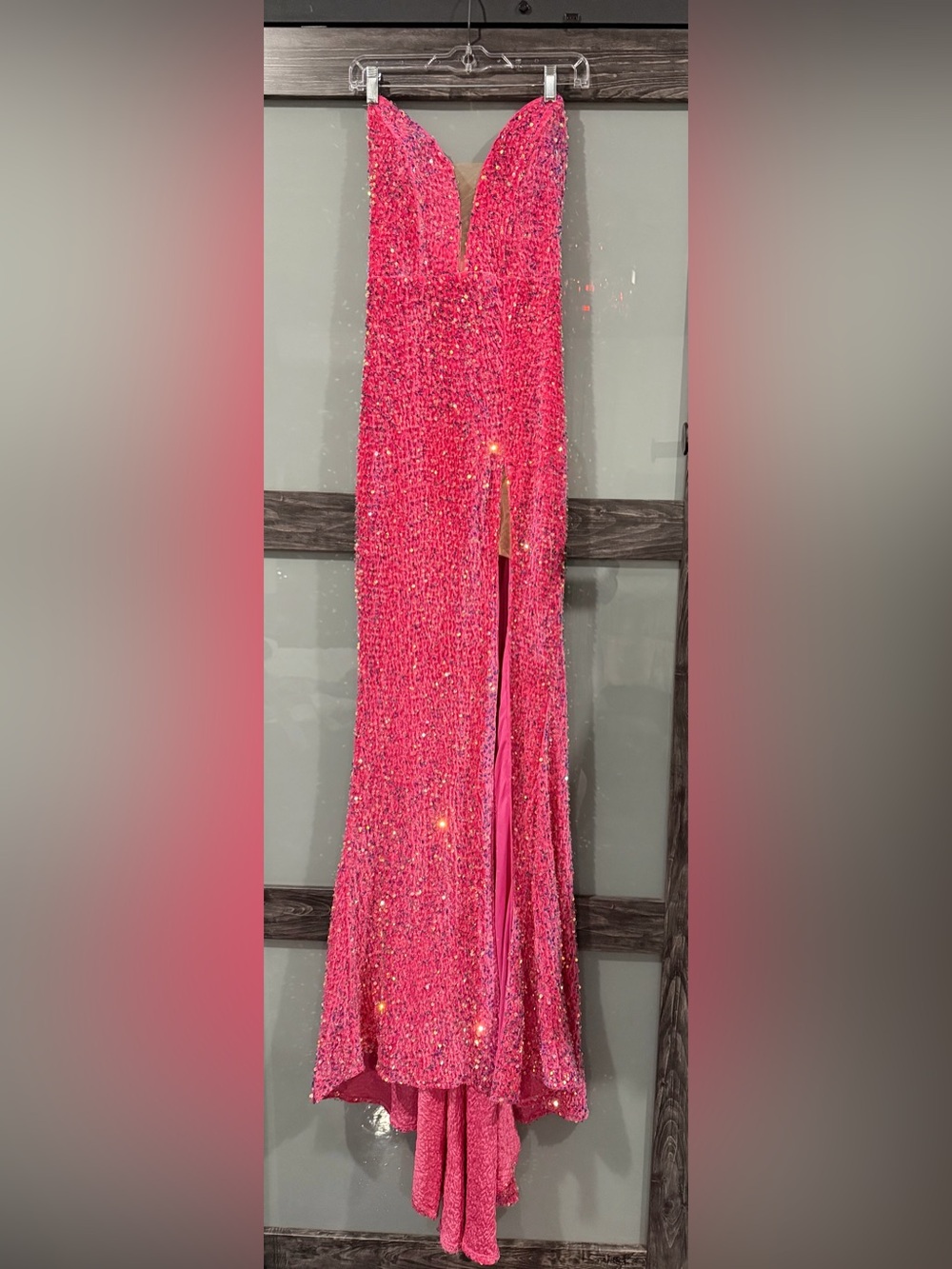 Sparkling Hot Pink Sequin Evening Gown with Slit and Train